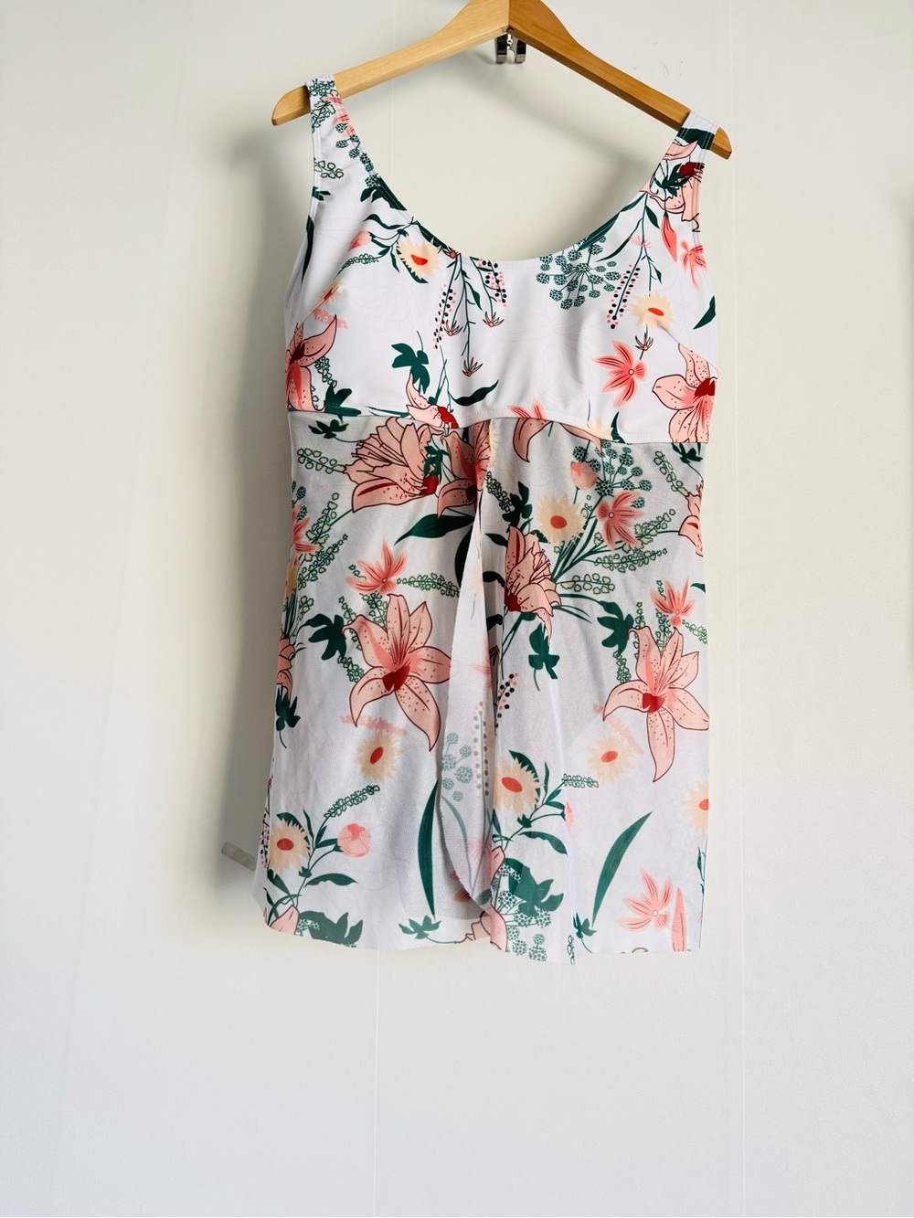 Floral Tankini Swim Top - White with Coral & Green Print